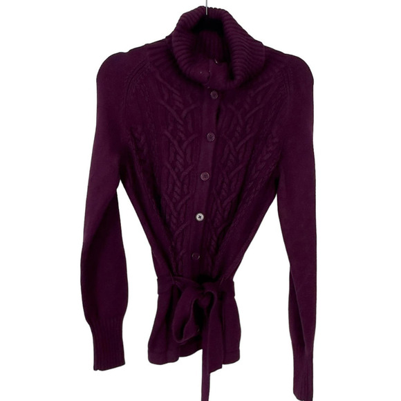 Talbots Angora Blend Plum Turtle Neck Cable Knit Button Down Cardigan (S) - Picture 7 of 14